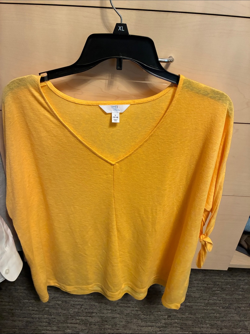 Time and Tru Bright Yellow V-Neck Short Sleeve Top with Tie Sleeves